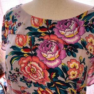 Floral Print Lavender Blouse with Pink and Orange Flowers and Short Tulip Sleeve